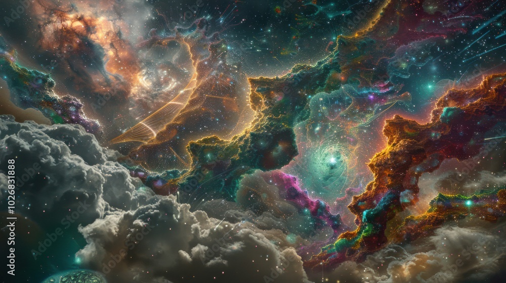 A Cosmic Nebula With Glittering Stars And Swirling Clouds A Cosmic Nebula With Glittering Stars And Swirling Clouds