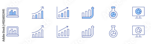 Statistics icon set in two styles, Duotone and Thin Line style. Editable stroke. laptop, diagram, increase, market research, pie chart, graphic