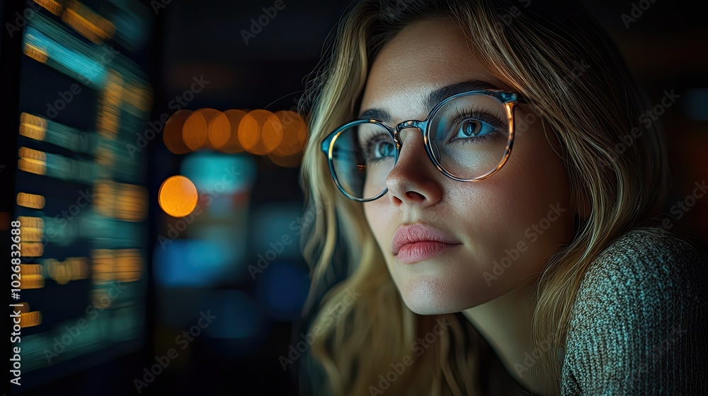 A female expert in glasses analyzes financial data on a screen, showcasing her focus and expertise in financial technology. A female expert in glasses analyzes financial data on a screen, showcasing her focus and expertise in financial technology.