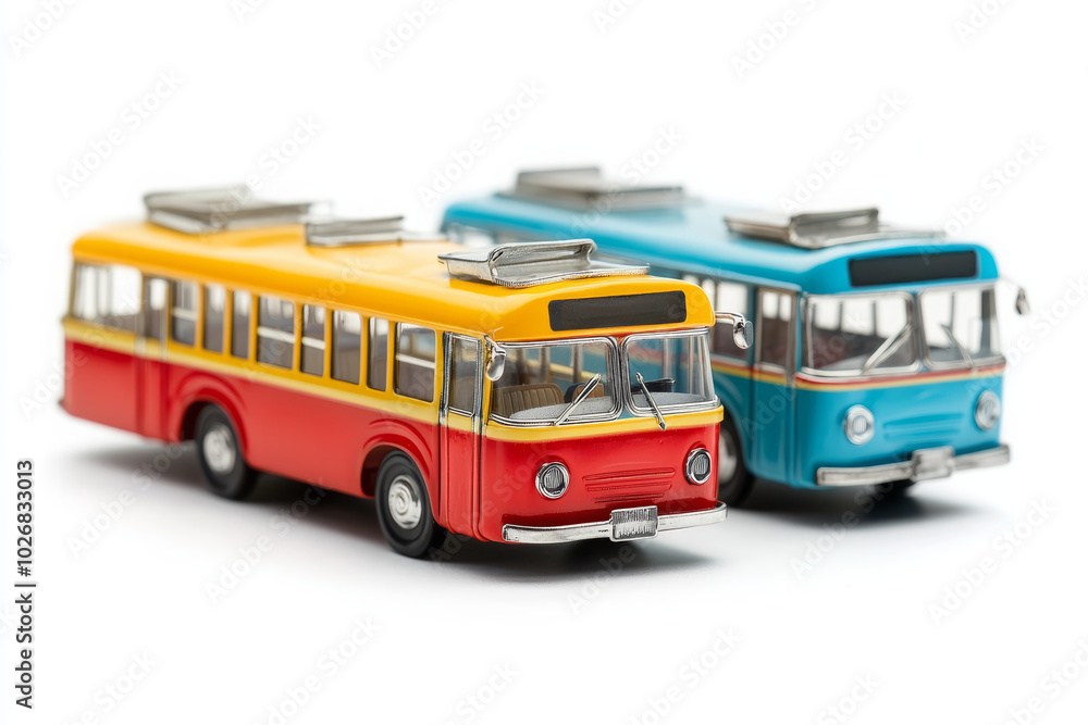 Two retro bus toys on a white background, shot from the front in a high-angle view, macro photography.
Two retro bus toys on a white background, shot from the front in a high-angle view, macro photography.