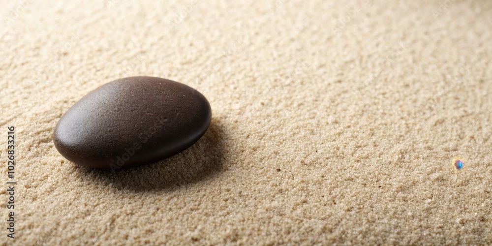 Obraz premium A solitary smooth brown stone rests on a bed of fine sand, casting a shadow that stretches towards the unseen horizon.