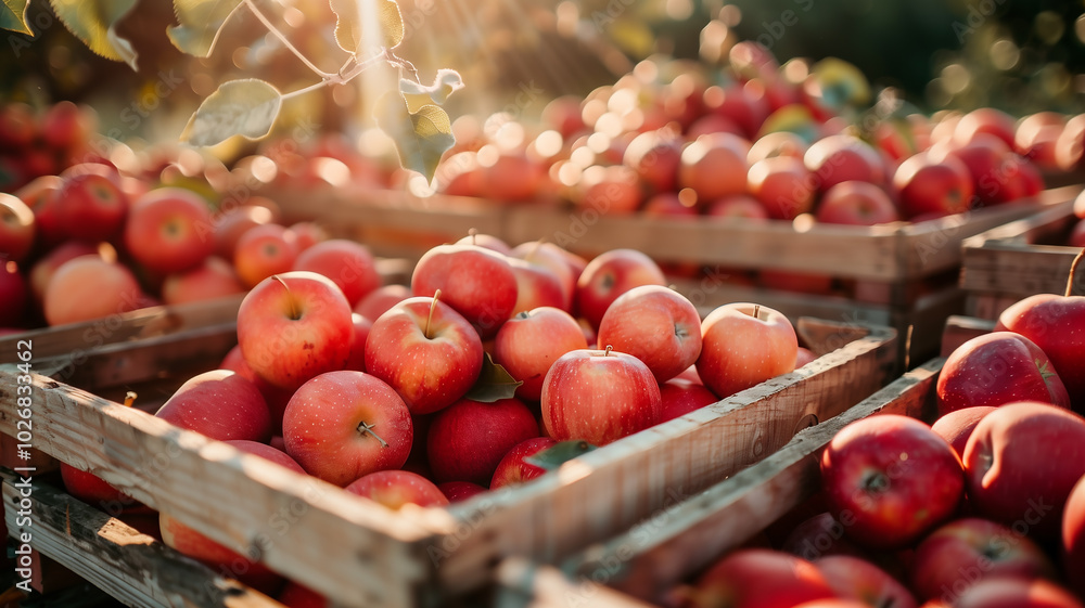 Freshly Harvested Red Apples in Wooden Crates at Farm Freshly Harvested Red Apples in Wooden Crates at Farm