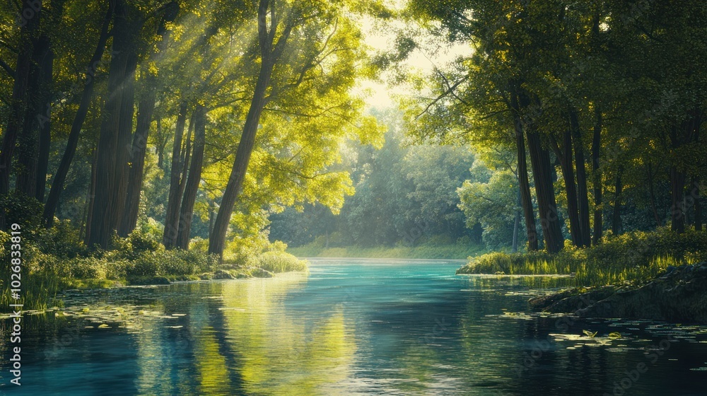 peaceful river winding through a dense forest, peaceful river winding through a dense forest,