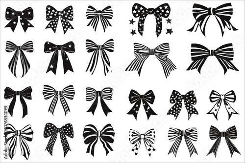 Set of patriotic bow vector illustrations. Vector American flag bow silhouettes collection. Vector design of patriotic bow silhouettes. Set of patriotic bow silhouettes. Stylish patriotic bow designs