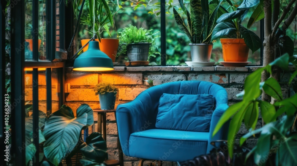 Naklejka premium A Blue Armchair in a Greenhouse with Plants and a Pendant Lamp