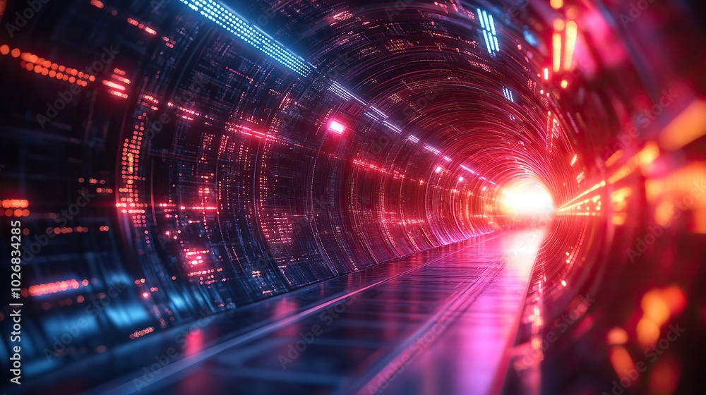 Fototapeta premium A futuristic abstract background with lines for network and data center technologies, featuring neon lights leading into a digital technology tunnel.