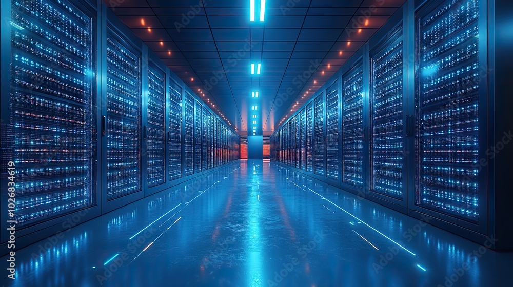 Fototapeta premium A futuristic big data center combines cloud services and AI technology, illustrating the digitalization of information and advanced data management.