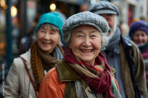 Portrait of an elderly woman in a hat and scarf on the street