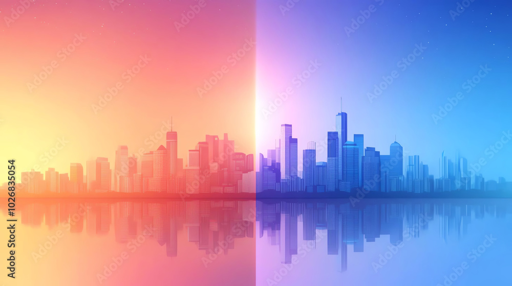 A city with a skyline reflected in gradient tones of many colors. A city with a skyline reflected in gradient tones of many colors.