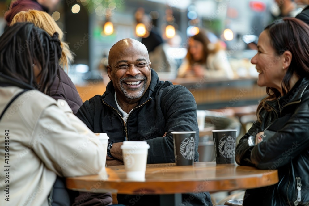 Mature African American man sitting in a coffee shop and talking with his friends Mature African American man sitting in a coffee shop and talking with his friends