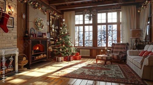 Festive New Year and Christmas room decorated with holiday ornaments, a glowing Christmas tree, lights, and cozy winter decorations. A warm and joyful atmosphere ideal for celebrating the holiday 