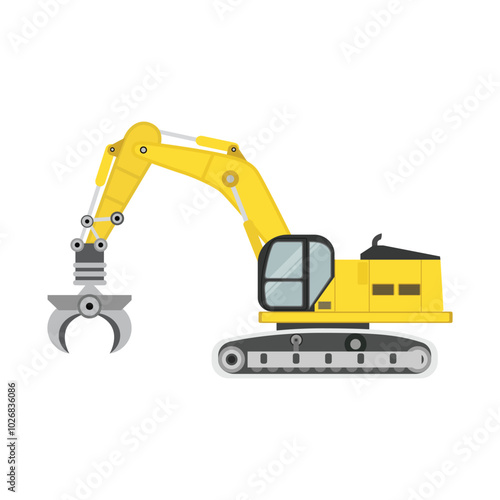 Vector illustration of log loader in cartoon flat style.Tracked shovel log loader vehicle for worknig at forest area for sorting and loading wood pile. Heavy forestry machine for harvest log