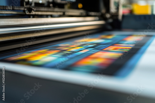 A colorful image of a printer with a blue background