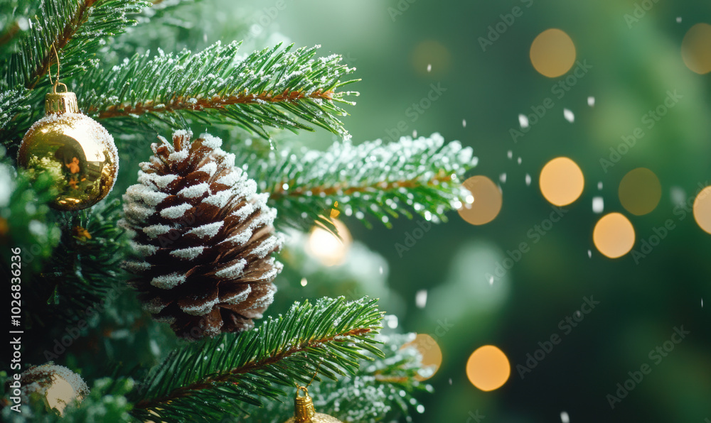A Christmas tree with a pine cone ornament and a gold ball ornament A Christmas tree with a pine cone ornament and a gold ball ornament
