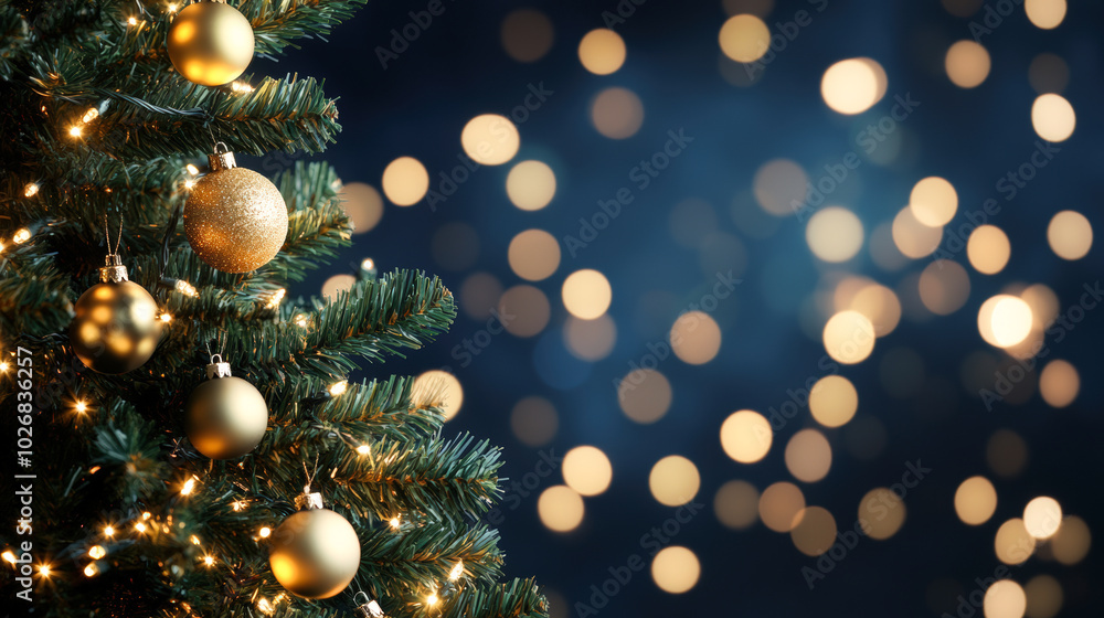 A Christmas tree with gold ornaments and lights A Christmas tree with gold ornaments and lights