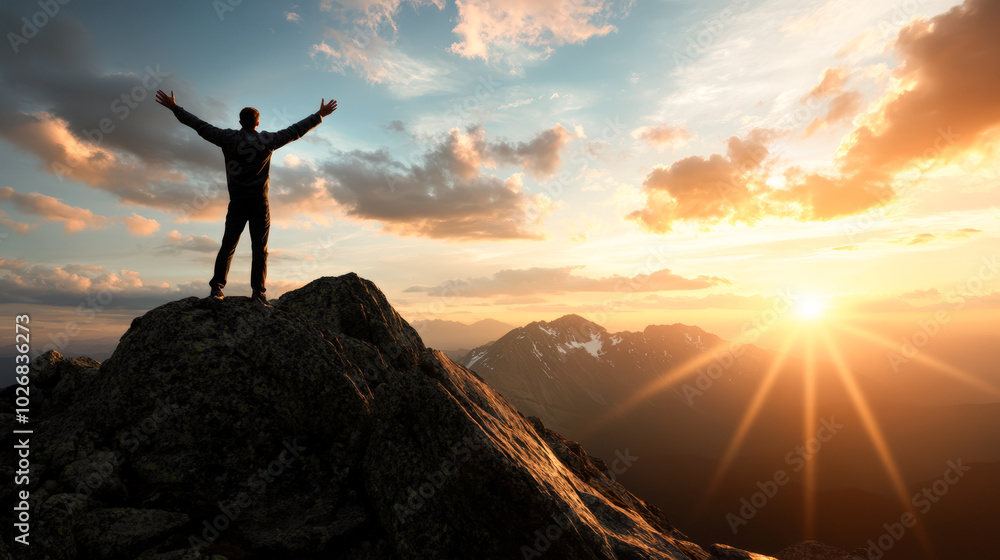 A man is standing on a mountain peak, with the sun shining brightly behind him A man is standing on a mountain peak, with the sun shining brightly behind him