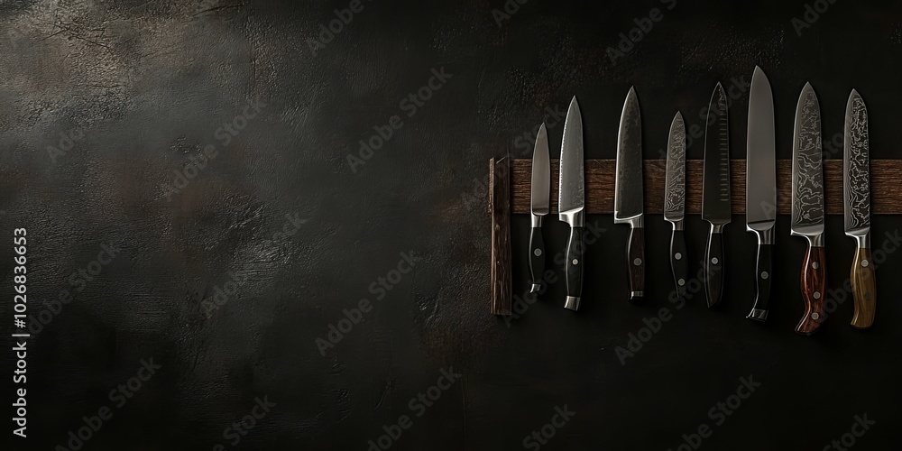 Gourmet Kitchen with Professional-Grade Knife Set on a Magnetic Strip Gourmet Kitchen with Professional-Grade Knife Set on a Magnetic Strip