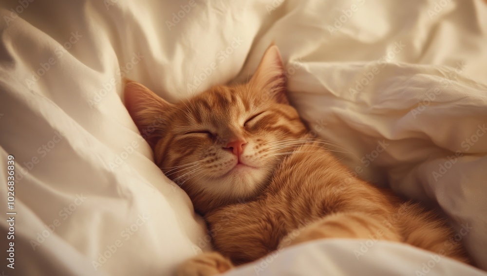 A ginger kitten sleeps peacefully in a white duvet. A ginger kitten sleeps peacefully in a white duvet.
