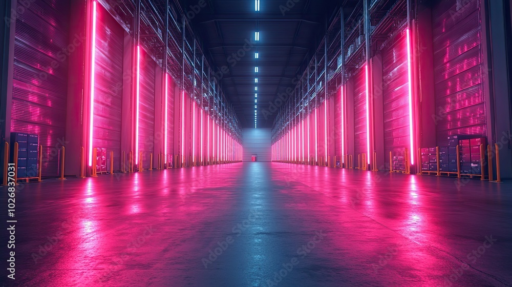 Fototapeta premium A futuristic warehouse technology concept with a neon background, illustrating advanced computer graphics design for warehouse management.