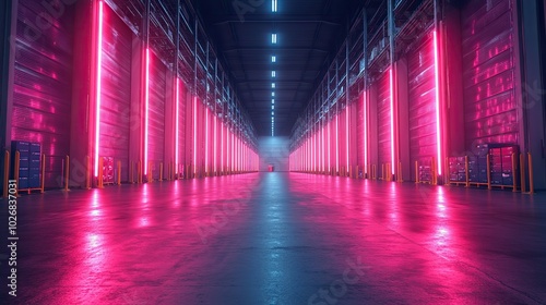 A futuristic warehouse technology concept with a neon background, illustrating advanced computer graphics design for warehouse management.