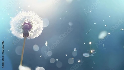 A delicate dandelion with seeds blowing away into the air, illuminated by soft sunlight against a dreamy blue background. The floating seeds create a sense of movement and lightness.