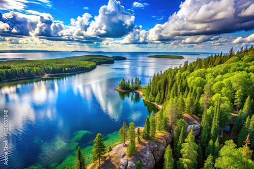 Majestic Great Slave Lake in Canada Surrounded by Lush Green Forests and Vibrant Blue Skies photo