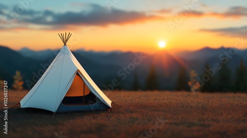 Serene sunset over a glamping tent in the mountains