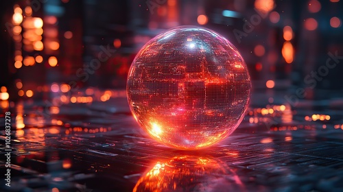 A generative AI illustration of a glowing transparent sphere set against a digital technology background, evoking futuristic concepts.