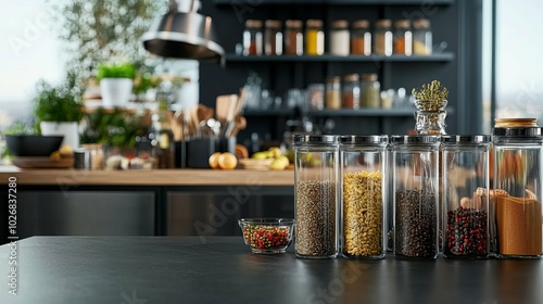 Chef's Kitchen with an Array of Exotic Spices in Glass Jars