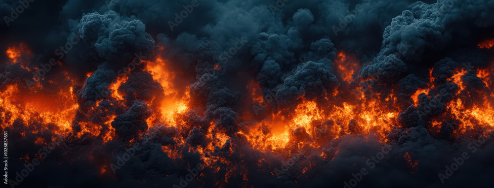 Billowing black smoke with fiery red orange flames engulfing scene creates dramatic and intense atmosphere. contrast between dark smoke and bright flames evokes sense of urgency and danger Billowing black smoke with fiery red orange flames engulfing scene creates dramatic and intense atmosphere. contrast between dark smoke and bright flames evokes sense of urgency and danger