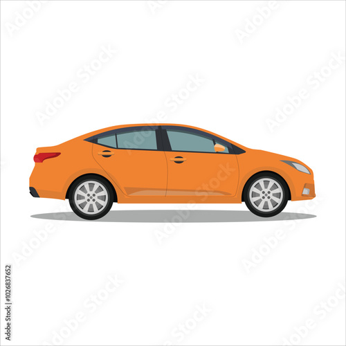 Vector illustration of single sedan in cartoon flat style. Compact sedan land vehicle in colorful with shadow. Modern technology of transportation. Luxury car in side view. Gasoline and electric car