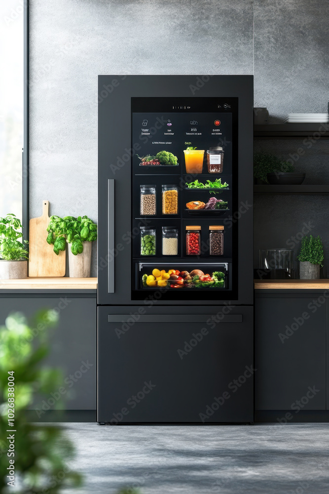 Modern refrigerator with sleek smart screen interface displaying various food items and beverages. This stylish appliance enhances kitchen aesthetics while providing convenience and organization Modern refrigerator with sleek smart screen interface displaying various food items and beverages. This stylish appliance enhances kitchen aesthetics while providing convenience and organization