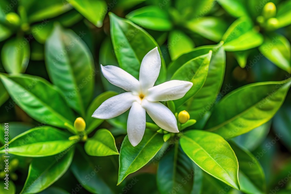 Fototapeta premium Crape jasmine flower blooming in the garden with green leaves background from an aerial view