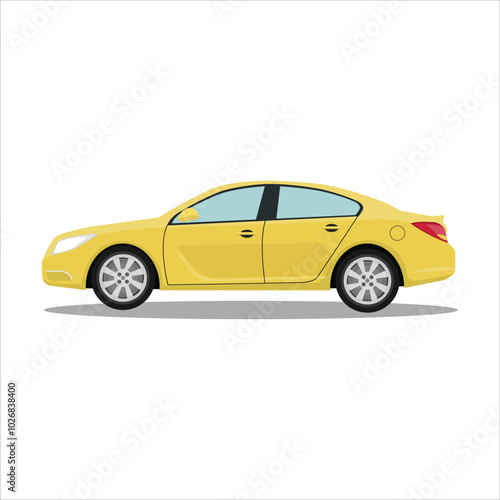 Vector illustration of single sedan in cartoon flat style. Compact sedan land vehicle in colorful with shadow. Modern technology of transportation. Luxury car in side view. Gasoline and electric car