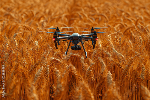 A drone flying over a field of wheat during harvest season, symbolizing the integration of drones in agricultural practices. Concept of agriculture. photo