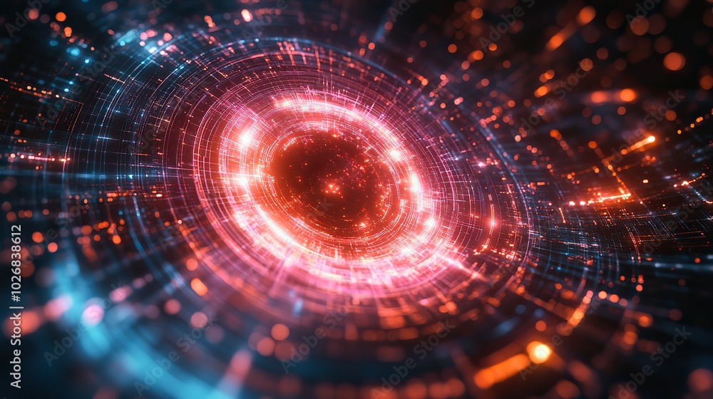 Obraz premium A glowing target with pink and blue lines illustrates a high-tech concept of precision and speed, enhanced by AI generative elements.