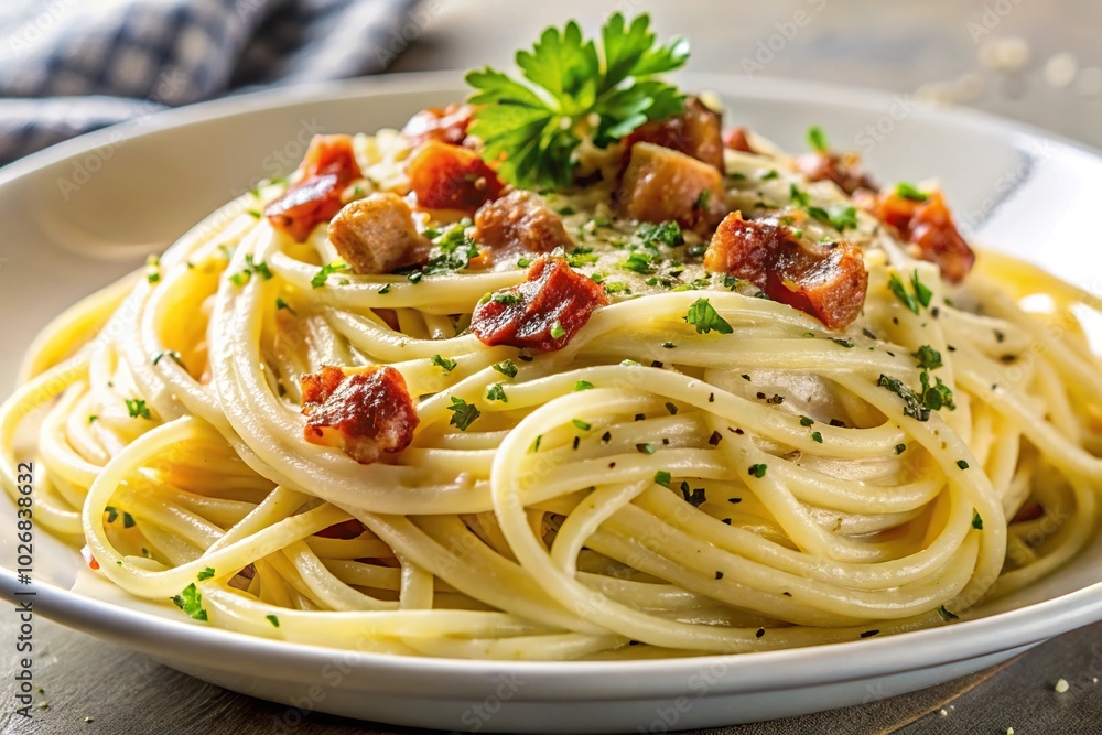 Creamy spaghetti dish with pancetta and Parmesan cheese Creamy spaghetti dish with pancetta and Parmesan cheese