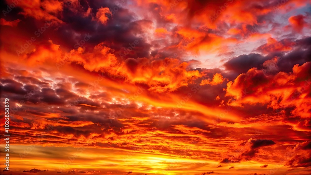 Fototapeta premium Crimson colored sky at sunset with red and orange clouds Close-Up