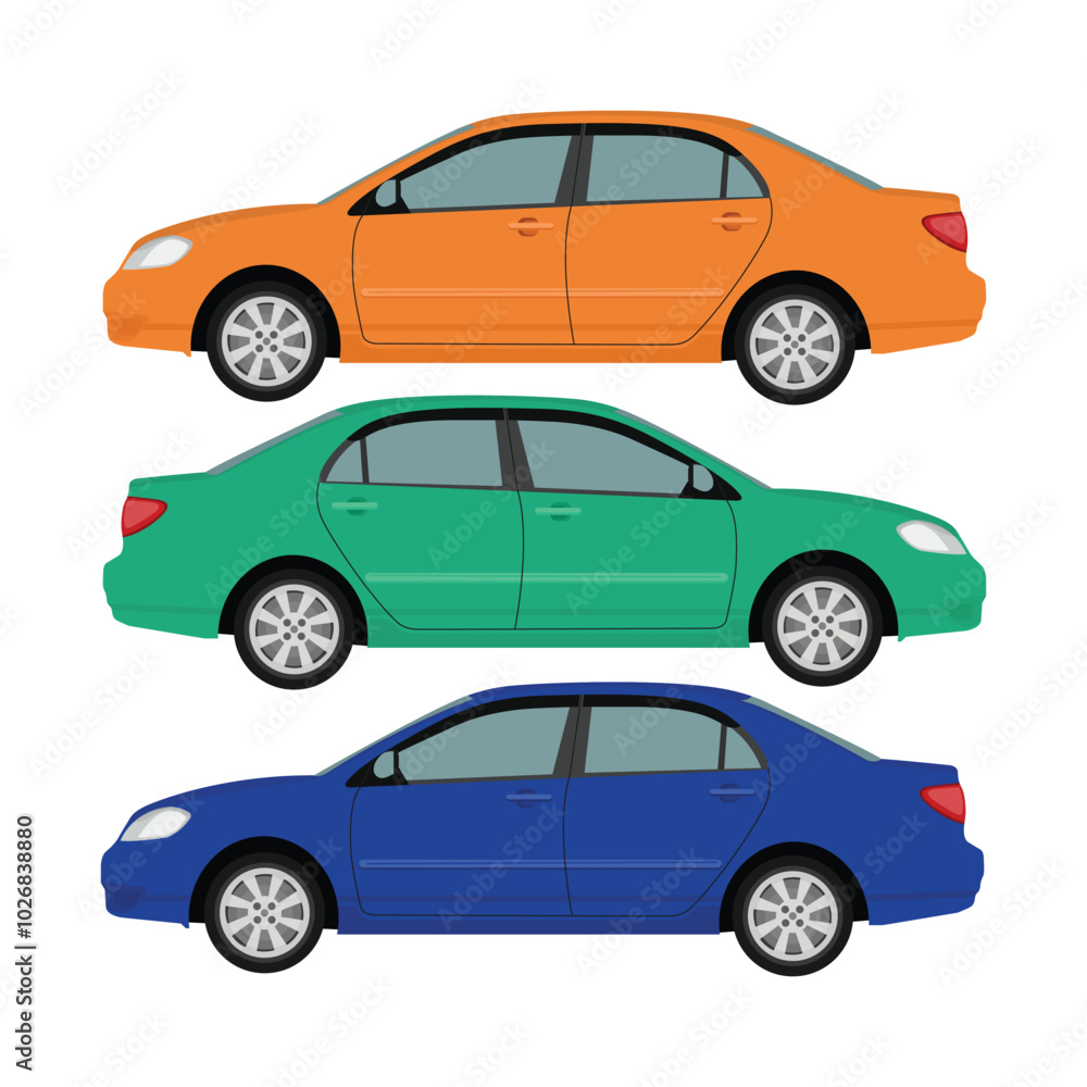 Naklejka premium Vector illustration of three sedan with different color in cartoon flat style. Car side view. Hybrid and electric car blueprint. Compact sedan automobile transportation modern technolog