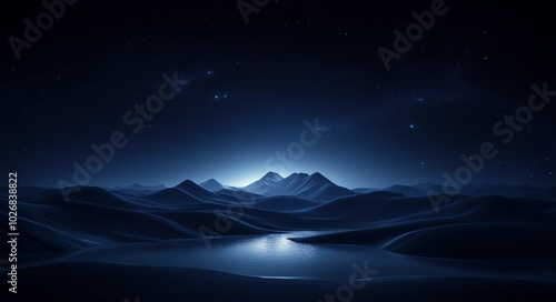 Minimalist Dark Landscape with Distant Mountains, Reflective Water Surface, and Foreground Dunes Under a Dark Blue Night Sky, Hyper-Realistic Cinematic Scene