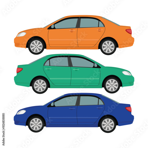 Vector illustration of three sedan with different color in cartoon flat style. Car side view. Hybrid and electric car blueprint. Compact sedan automobile transportation modern technolog
