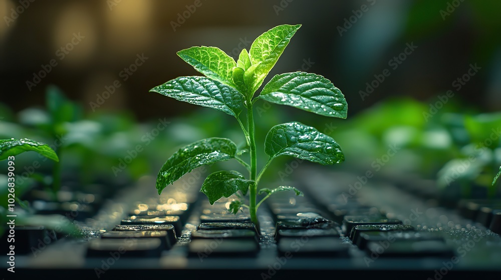 A green plant growing on a laptop keyboard, representing environmentally sustainable IT and green technology concepts. A green plant growing on a laptop keyboard, representing environmentally sustainable IT and green technology concepts.
