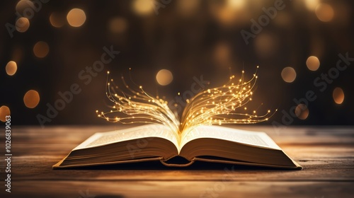 The enchantment of an open book is revealed as sparkling golden dust dances on its illuminated pages