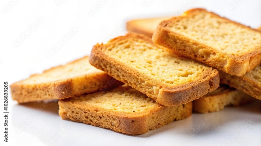Crispy rusk on white background with selective focus Point of View Crispy rusk on white background with selective focus Point of View