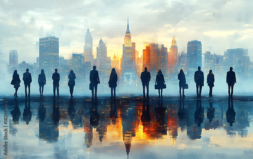 Fototapeta premium Modern Business Team: Silhouettes Against City Skyline