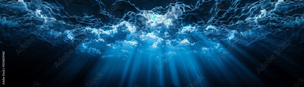 Fototapeta premium Underwater diamond cave, glowing marine life, 3D illustration