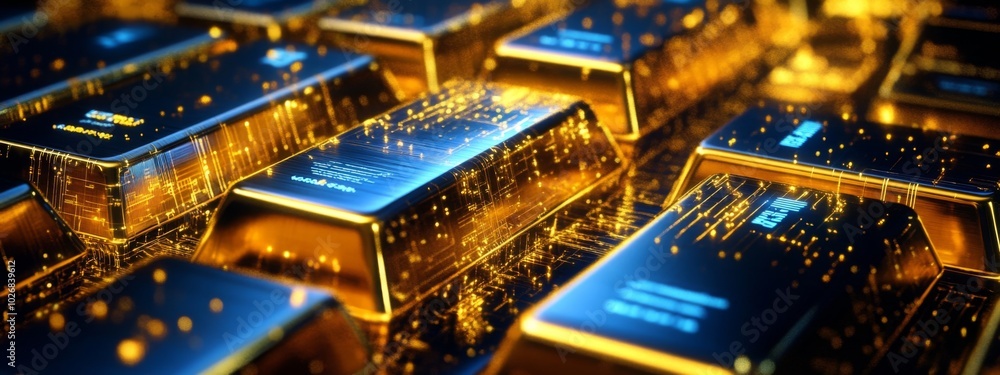 Fototapeta premium Close up of a pile of gold bars with a shallow depth of field, shot in a studio.