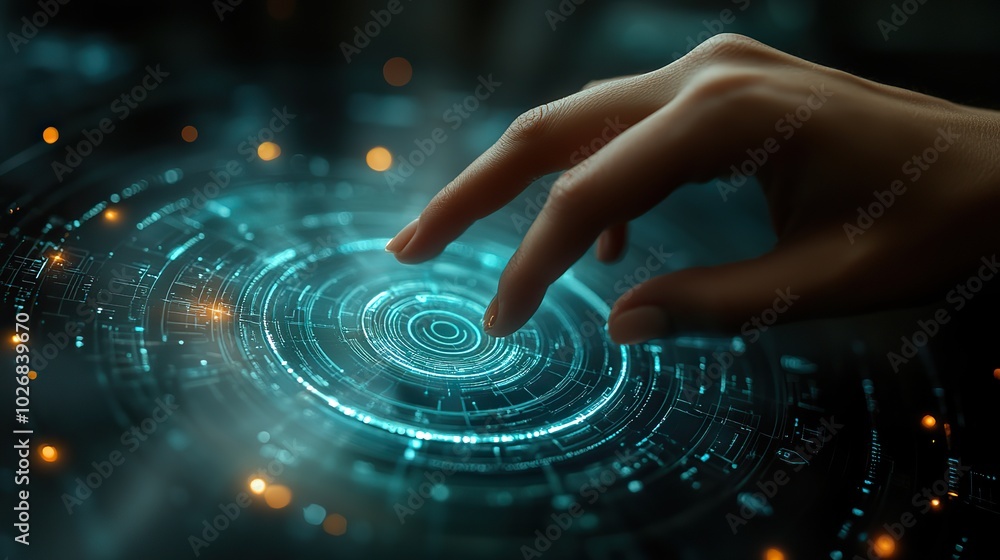 A hand interacts with a circular tech interface on a futuristic background, symbolizing digital connectivity. A hand interacts with a circular tech interface on a futuristic background, symbolizing digital connectivity.