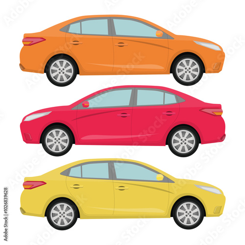 Vector illustration of three sedan with different color in cartoon flat style. Car side view. Hybrid and electric car blueprint. Compact sedan automobile transportation modern technolog