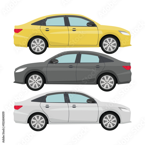 Vector illustration of three sedan with different color in cartoon flat style. Car side view. Hybrid and electric car blueprint. Compact sedan automobile transportation modern technolog